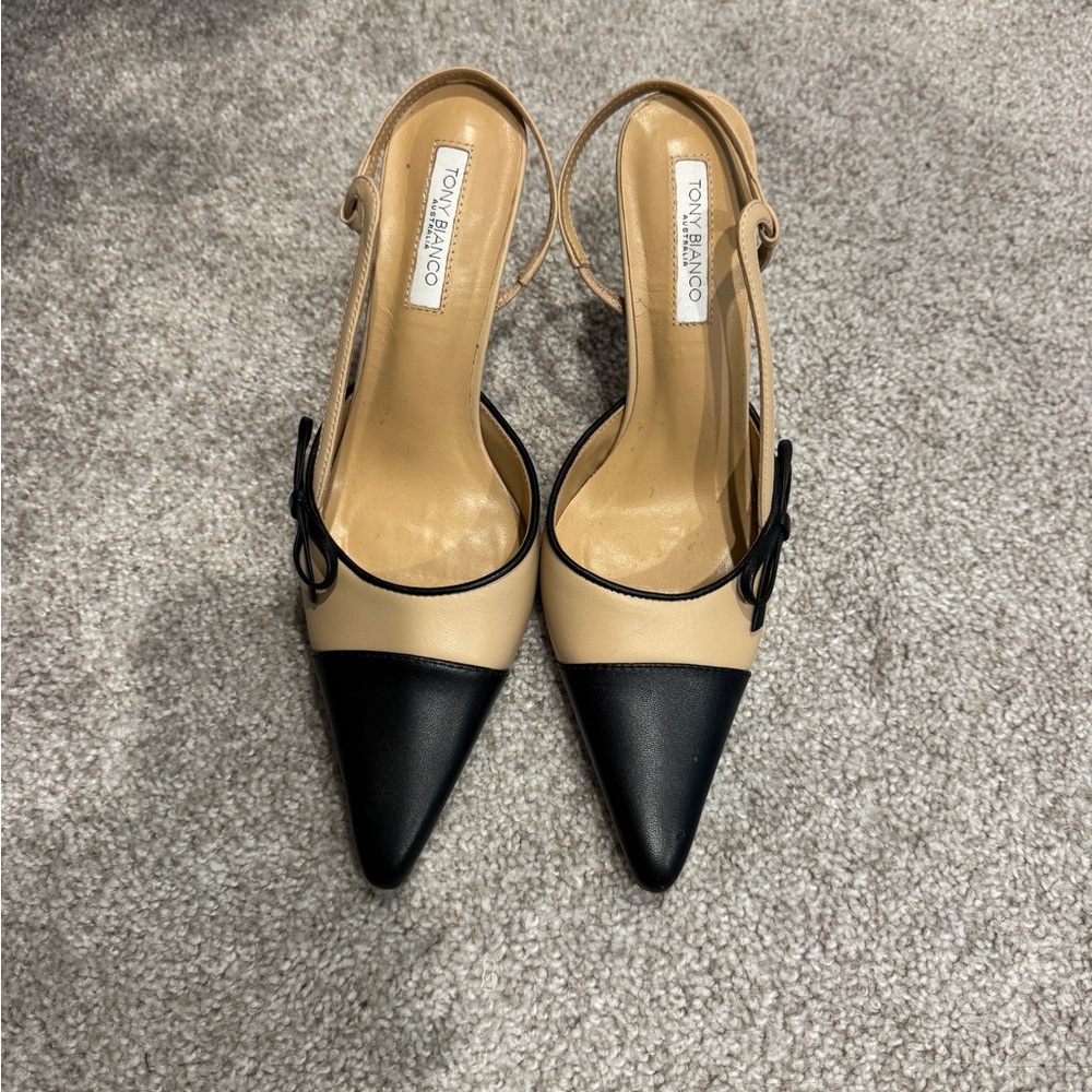 Tony Bianco Beige and Black Pointed Slingback Pumps